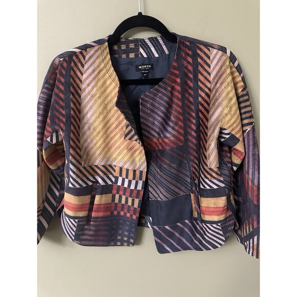 Worth New York Women’s Jacket XP Velvet Striped Colorful Cropped Blazer - Picture 2 of 8
